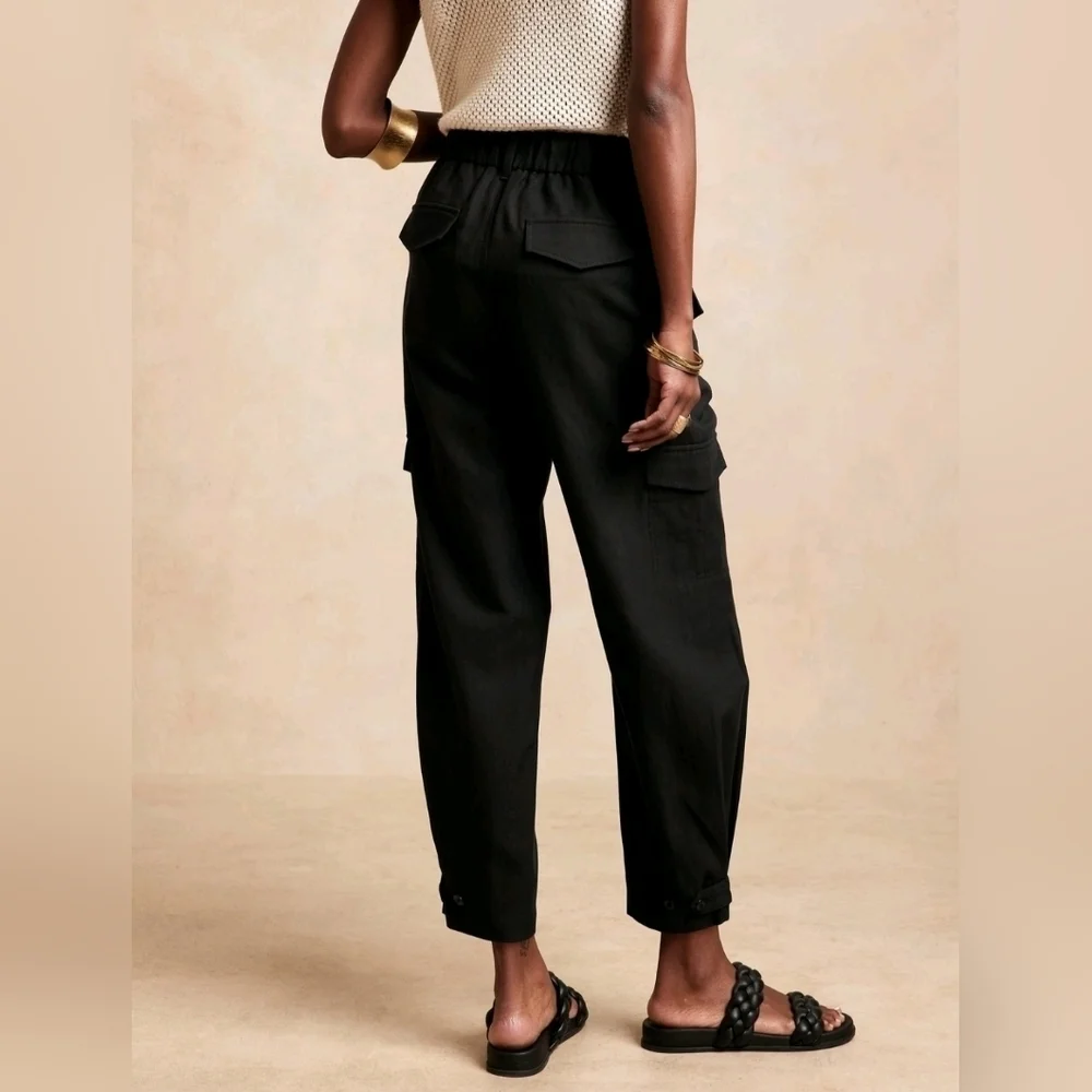 Banana Republic Lyocell Linen Blend Belted Cargo Pants 00 PETITE Black RT$110